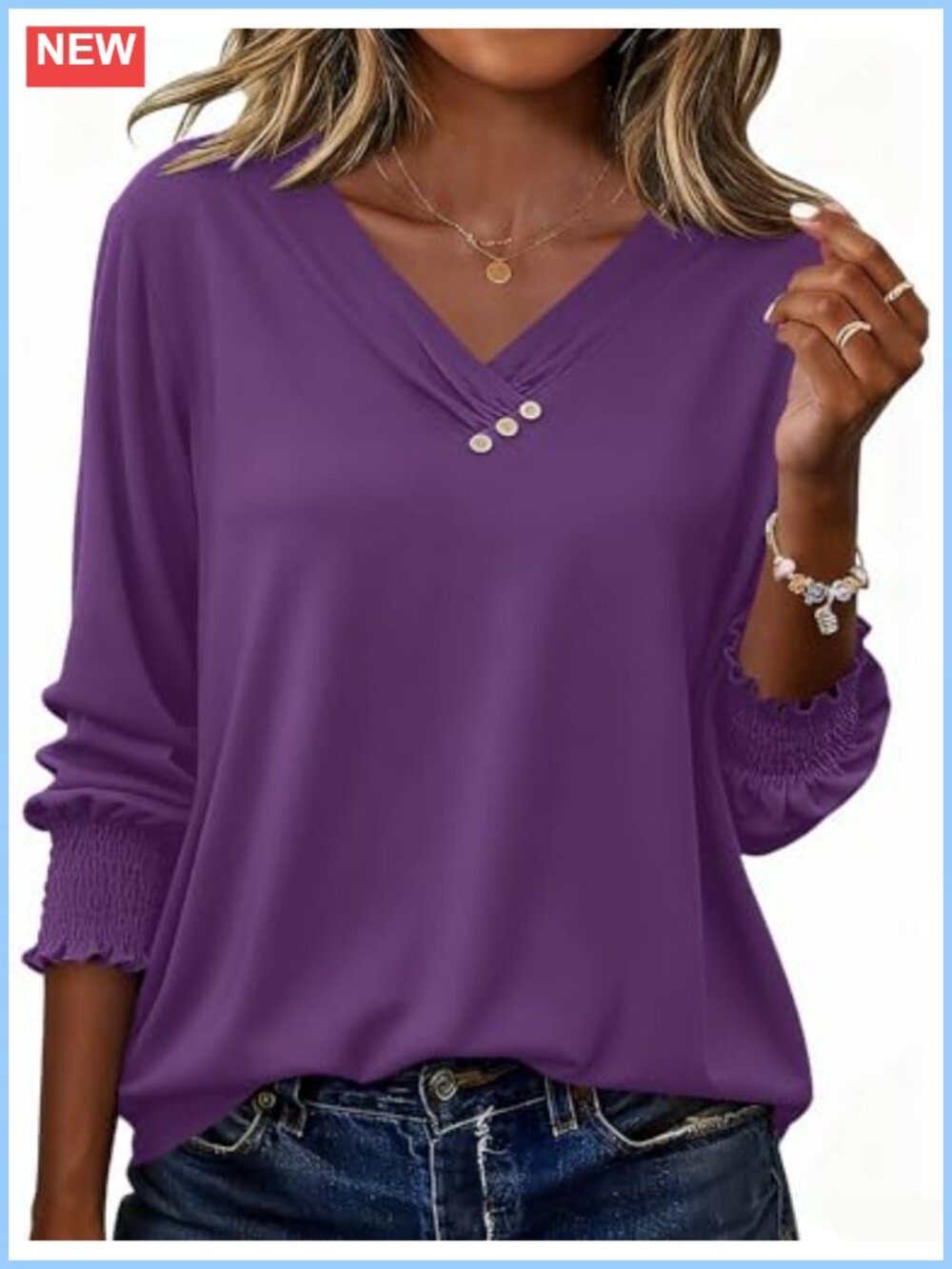 Women's 3/4 Sleeve V-Neck Tunic Blouse with Button Decor